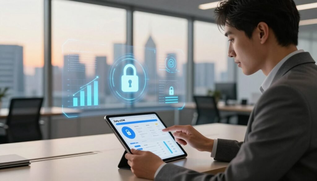 A modern office environment showcasing the benefits of eSIM security features. In the foreground, a professional individual dressed in business attire is intently reviewing data on a sleek tablet that displays security analytics. The middle ground highlights a futuristic digital interface with graphs, locks, and encrypted symbols, depicting the advanced security measures of Saily eSIM. In the background, large windows reveal a city skyline, illuminated by soft morning light, enhancing a sense of innovation and connectivity. The overall atmosphere is one of confidence and reliability, reflecting the robust security offerings. Use warm, inviting lighting to create a positive, professional mood, focusing on the theme of mobile connectivity and safety. A modern office environment showcasing the benefits of eSIM security features. In the foreground, a professional individual dressed in business attire is intently reviewing data on a sleek tablet that displays security analytics. The middle ground highlights a futuristic digital interface with graphs, locks, and encrypted symbols, depicting the advanced security measures of Saily eSIM. In the background, large windows reveal a city skyline, illuminated by soft morning light, enhancing a sense of innovation and connectivity. The overall atmosphere is one of confidence and reliability, reflecting the robust security offerings. Use warm, inviting lighting to create a positive, professional mood, focusing on the theme of mobile connectivity and safety.