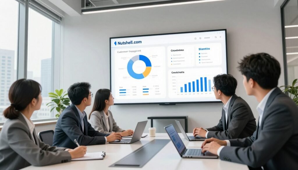 A modern office environment showcasing the competitive advantages of CRM software. In the foreground, a diverse team of professionals in business attire discusses strategies around a sleek conference table, with laptops and digital devices open. In the middle ground, a large digital screen displays graphs and analytics related to customer engagement, highlighting the features and benefits of Nutshell.com. The background features large windows with a city skyline, allowing natural light to fill the space, creating a bright and inviting atmosphere. The mood is collaborative and innovative, emphasizing teamwork and forward-thinking. The camera angle is a dynamic tilt from a low perspective, capturing both the engaged team members and the impressive digital data display. A modern office environment showcasing the competitive advantages of CRM software. In the foreground, a diverse team of professionals in business attire discusses strategies around a sleek conference table, with laptops and digital devices open. In the middle ground, a large digital screen displays graphs and analytics related to customer engagement, highlighting the features and benefits of Nutshell.com. The background features large windows with a city skyline, allowing natural light to fill the space, creating a bright and inviting atmosphere. The mood is collaborative and innovative, emphasizing teamwork and forward-thinking. The camera angle is a dynamic tilt from a low perspective, capturing both the engaged team members and the impressive digital data display.
