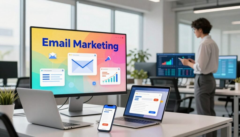 A modern office environment showcasing the key features of email marketing, with a sleek desk in the foreground cluttered with digital devices like a laptop and a smartphone displaying email statistics. In the middle, a vibrant display board illustrates concepts such as segmentation, automation, and analytics with dynamic graphics. The background includes large windows with soft natural light filtering in, creating an inviting atmosphere. A focused professional in business attire stands beside a large monitor, engaging with visual data, symbolizing efficiency and strategy. The mood is energetic and inspiring, emphasizing innovation and productivity in email marketing campaigns, captured with a wide-angle lens to show depth and detail. The lighting highlights the features while maintaining a bright, clean vibe. A modern office environment showcasing the key features of email marketing, with a sleek desk in the foreground cluttered with digital devices like a laptop and a smartphone displaying email statistics. In the middle, a vibrant display board illustrates concepts such as segmentation, automation, and analytics with dynamic graphics. The background includes large windows with soft natural light filtering in, creating an inviting atmosphere. A focused professional in business attire stands beside a large monitor, engaging with visual data, symbolizing efficiency and strategy. The mood is energetic and inspiring, emphasizing innovation and productivity in email marketing campaigns, captured with a wide-angle lens to show depth and detail. The lighting highlights the features while maintaining a bright, clean vibe.