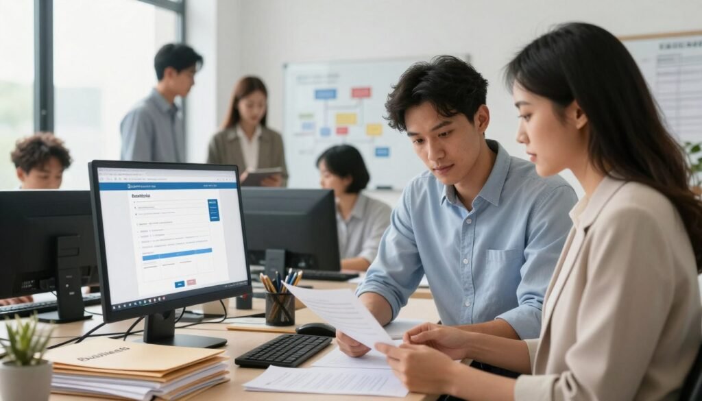 A modern office environment where a diverse group of professionals is engaged in the process of registering a business. In the foreground, two individuals, a man and a woman of different ethnicities, are standing at a desk cluttered with paperwork, looking at documents with focused expressions. The middle area of the image features a large computer screen displaying an online registration platform, and stacks of folders labeled with business names. In the background, a whiteboard with flowcharts outlining administrative procedures is visible. The room is well-lit with natural light pouring in through large windows, creating a bright and optimistic atmosphere. The overall mood conveys diligence and professionalism, suitable for the topic of administrative formalities in business registration. A modern office environment where a diverse group of professionals is engaged in the process of registering a business. In the foreground, two individuals, a man and a woman of different ethnicities, are standing at a desk cluttered with paperwork, looking at documents with focused expressions. The middle area of the image features a large computer screen displaying an online registration platform, and stacks of folders labeled with business names. In the background, a whiteboard with flowcharts outlining administrative procedures is visible. The room is well-lit with natural light pouring in through large windows, creating a bright and optimistic atmosphere. The overall mood conveys diligence and professionalism, suitable for the topic of administrative formalities in business registration.