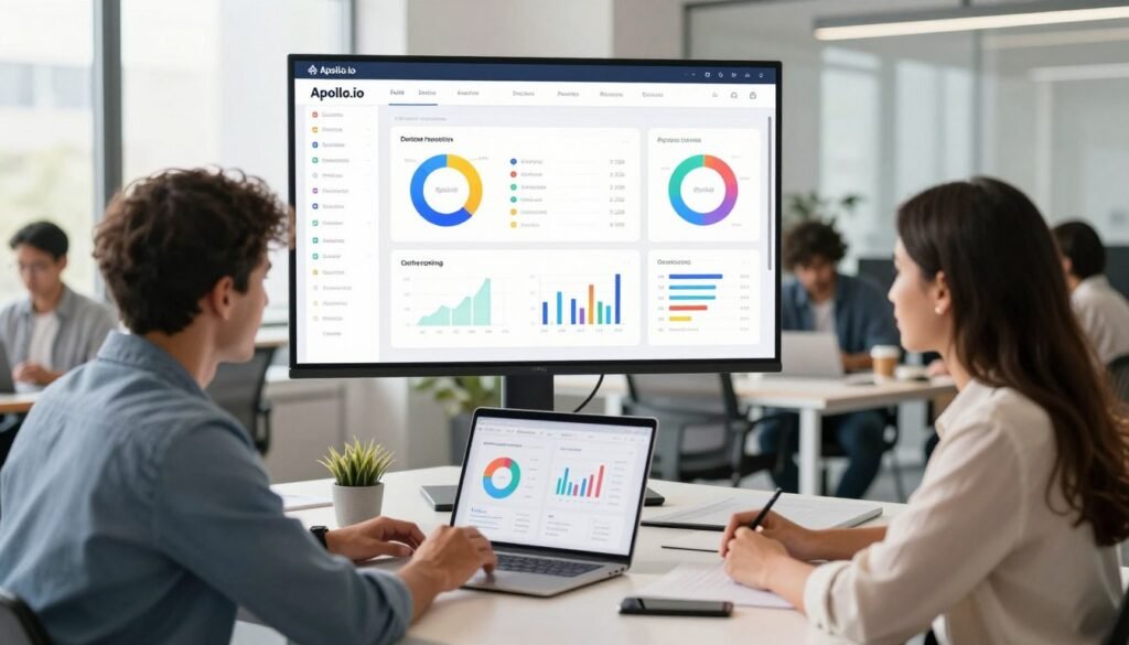 A modern office environment with a visually engaging layout depicting users interacting with the Apollo.io platform. In the foreground, two professional individuals, a diverse man and woman, are seated at a table, analyzing charts and graphs on a laptop, dressed in smart casual attire. The middle layer features a large screen displaying the Apollo.io interface, showcasing a user-friendly dashboard filled with colorful data visualizations. In the background, a bright, well-lit office with large windows allows natural sunlight to flood in, enhancing the atmosphere of productivity and teamwork. The overall mood is collaborative and focused, embodying the essence of user experiences and feedback on the B2B prospecting tool, Apollo.io. Ideal lighting emphasizes clarity and professionalism. A modern office environment with a visually engaging layout depicting users interacting with the Apollo.io platform. In the foreground, two professional individuals, a diverse man and woman, are seated at a table, analyzing charts and graphs on a laptop, dressed in smart casual attire. The middle layer features a large screen displaying the Apollo.io interface, showcasing a user-friendly dashboard filled with colorful data visualizations. In the background, a bright, well-lit office with large windows allows natural sunlight to flood in, enhancing the atmosphere of productivity and teamwork. The overall mood is collaborative and focused, embodying the essence of user experiences and feedback on the B2B prospecting tool, Apollo.io. Ideal lighting emphasizes clarity and professionalism.