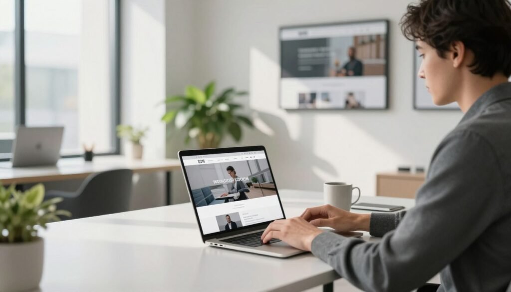 A modern office interior featuring a sleek, minimalist desk with a laptop open, displaying a professional website design. In the foreground, a focused business person in smart casual attire types on the laptop, maintaining an expression of concentration. In the middle ground, there are stylish plants and effective lighting emanating from a large window, casting soft shadows and creating a serene atmosphere. The background features framed images of websites on a wall, symbolizing different types of showcase sites. The scene is illuminated by natural light, enhancing the fresh and professional mood, while the overall composition exudes a sense of innovation and clarity in digital presentation. A modern office interior featuring a sleek, minimalist desk with a laptop open, displaying a professional website design. In the foreground, a focused business person in smart casual attire types on the laptop, maintaining an expression of concentration. In the middle ground, there are stylish plants and effective lighting emanating from a large window, casting soft shadows and creating a serene atmosphere. The background features framed images of websites on a wall, symbolizing different types of showcase sites. The scene is illuminated by natural light, enhancing the fresh and professional mood, while the overall composition exudes a sense of innovation and clarity in digital presentation.