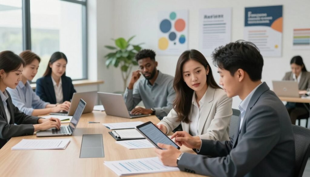 A modern office scene depicting a diverse group of employees engaged in a training session, with a focus on collaboration and learning. In the foreground, two colleagues, a woman wearing a smart blazer and a man in a neat shirt, are discussing training materials on a tablet, showcasing teamwork. In the middle ground, a diverse team of professionals are seated around a conference table, with laptops and documents spread out, illustrating active participation and concentration. The background is a well-lit office featuring large windows, plants, and motivational posters related to employee growth. The atmosphere is dynamic and positive, capturing the essence of business growth and the importance of effective employee training. The lighting is bright and inviting, enhancing the professional setting. A modern office scene depicting a diverse group of employees engaged in a training session, with a focus on collaboration and learning. In the foreground, two colleagues, a woman wearing a smart blazer and a man in a neat shirt, are discussing training materials on a tablet, showcasing teamwork. In the middle ground, a diverse team of professionals are seated around a conference table, with laptops and documents spread out, illustrating active participation and concentration. The background is a well-lit office featuring large windows, plants, and motivational posters related to employee growth. The atmosphere is dynamic and positive, capturing the essence of business growth and the importance of effective employee training. The lighting is bright and inviting, enhancing the professional setting.
