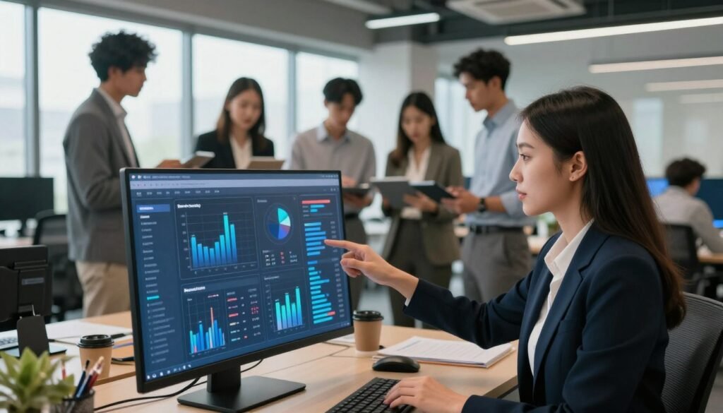 A modern office setting featuring a diverse group of professionals analyzing key performance indicators (KPIs) on digital marketing. In the foreground, a focused woman in business attire interacts with a large, transparent digital display showing graphs and data points. The middle layer reveals her colleagues, also in professional attire, engaged in discussion, examining tablets, and jotting down notes. The background captures a bright, open office with large windows allowing natural light to flood the space. Soft, ambient lighting enhances the atmosphere, conveying a sense of collaboration and productivity. Overall, the image should exude professionalism and innovation, emphasizing the importance of data analysis in digital marketing performance. A modern office setting featuring a diverse group of professionals analyzing key performance indicators (KPIs) on digital marketing. In the foreground, a focused woman in business attire interacts with a large, transparent digital display showing graphs and data points. The middle layer reveals her colleagues, also in professional attire, engaged in discussion, examining tablets, and jotting down notes. The background captures a bright, open office with large windows allowing natural light to flood the space. Soft, ambient lighting enhances the atmosphere, conveying a sense of collaboration and productivity. Overall, the image should exude professionalism and innovation, emphasizing the importance of data analysis in digital marketing performance.