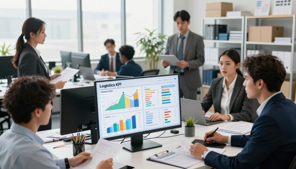 A modern office setting featuring a diverse team of professionals in business attire collaborating over logistics KPI performance dashboards. In the foreground, a digital screen displays colorful graphs and charts illustrating key metrics like delivery times, inventory levels, and cost-efficiency. The team, consisting of men and women of various ethnicities, is engaged in discussion, analyzing the data to make informed decisions. In the middle space, there are tables cluttered with documents and laptops, with a large window letting in natural light, creating a bright and dynamic atmosphere. In the background, shelves are stocked with boxes and resources, symbolizing an efficient logistics operation. The overall mood is focused and teamwork-oriented, capturing the essence of continuous improvement in logistics performance tracking. A modern office setting featuring a diverse team of professionals in business attire collaborating over logistics KPI performance dashboards. In the foreground, a digital screen displays colorful graphs and charts illustrating key metrics like delivery times, inventory levels, and cost-efficiency. The team, consisting of men and women of various ethnicities, is engaged in discussion, analyzing the data to make informed decisions. In the middle space, there are tables cluttered with documents and laptops, with a large window letting in natural light, creating a bright and dynamic atmosphere. In the background, shelves are stocked with boxes and resources, symbolizing an efficient logistics operation. The overall mood is focused and teamwork-oriented, capturing the essence of continuous improvement in logistics performance tracking.