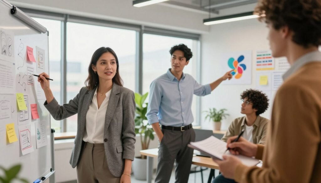 A modern office setting featuring a diverse team of young professionals engaged in a lively discussion about brand identity. In the foreground, a confident woman in a tailored blazer stands by a whiteboard filled with colorful sketches and notes, emphasizing creativity and collaboration. In the middle, a man in a smart casual shirt is pointing at a vibrant abstract logo design, while another colleague takes notes, illustrating their engagement in the branding process. The background includes large windows with natural light flooding the room, and plants adding a touch of greenery. The atmosphere is dynamic and inspiring, with warm lighting creating an inviting ambiance, reflecting a modern approach to understanding corporate identity and personality. A modern office setting featuring a diverse team of young professionals engaged in a lively discussion about brand identity. In the foreground, a confident woman in a tailored blazer stands by a whiteboard filled with colorful sketches and notes, emphasizing creativity and collaboration. In the middle, a man in a smart casual shirt is pointing at a vibrant abstract logo design, while another colleague takes notes, illustrating their engagement in the branding process. The background includes large windows with natural light flooding the room, and plants adding a touch of greenery. The atmosphere is dynamic and inspiring, with warm lighting creating an inviting ambiance, reflecting a modern approach to understanding corporate identity and personality.