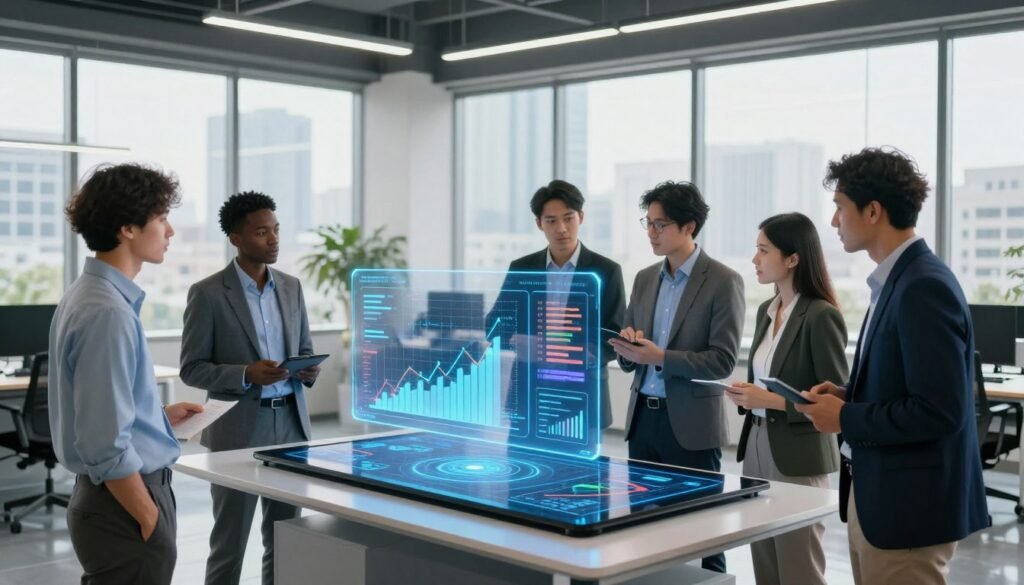 A modern office setting filled with innovative digital payment technology. In the foreground, a diverse group of professionals dressed in smart business attire is engaged in a dynamic discussion around a sleek touchscreen display showcasing digital payment solutions. The middle ground features transparent holographic interfaces displaying graphs, transaction flows, and financial data. In the background, large windows let in bright natural light with a city skyline view, symbolizing growth and opportunity. Use a wide-angle lens to capture the collaborative atmosphere, enhancing the feeling of innovation and transformation. The overall mood is energetic and forward-thinking, emphasizing the revolution in digital payments. A modern office setting filled with innovative digital payment technology. In the foreground, a diverse group of professionals dressed in smart business attire is engaged in a dynamic discussion around a sleek touchscreen display showcasing digital payment solutions. The middle ground features transparent holographic interfaces displaying graphs, transaction flows, and financial data. In the background, large windows let in bright natural light with a city skyline view, symbolizing growth and opportunity. Use a wide-angle lens to capture the collaborative atmosphere, enhancing the feeling of innovation and transformation. The overall mood is energetic and forward-thinking, emphasizing the revolution in digital payments.