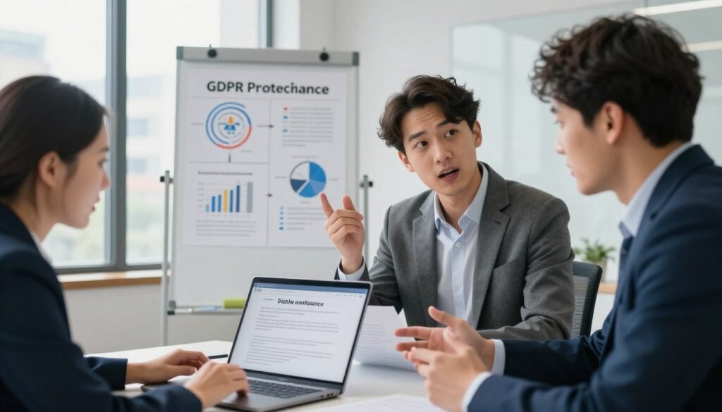 A modern office setting focused on client support for GDPR compliance. In the foreground, a diverse team of three professionals in business attire—two men and one woman—are engaged in a lively discussion around a table, reviewing GDPR documentation on a laptop. The middle ground features a large whiteboard with charts and diagrams illustrating data protection strategies. The background shows a window with soft natural light pouring in, revealing a cityscape outside. The atmosphere is collaborative and energetic, reflecting a sense of urgency and professionalism. Use a slightly elevated angle to capture the dynamics of the meeting while ensuring clarity and detail in expressions and documents. The overall mood conveys a commitment to client support and regulatory compliance. A modern office setting focused on client support for GDPR compliance. In the foreground, a diverse team of three professionals in business attire—two men and one woman—are engaged in a lively discussion around a table, reviewing GDPR documentation on a laptop. The middle ground features a large whiteboard with charts and diagrams illustrating data protection strategies. The background shows a window with soft natural light pouring in, revealing a cityscape outside. The atmosphere is collaborative and energetic, reflecting a sense of urgency and professionalism. Use a slightly elevated angle to capture the dynamics of the meeting while ensuring clarity and detail in expressions and documents. The overall mood conveys a commitment to client support and regulatory compliance.