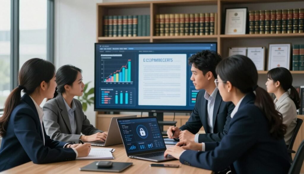 A modern office setting focused on e-commerce security and legal compliance. In the foreground, a diverse group of professionals in smart business attire discuss while examining a laptop displaying a digital security dashboard. The middle layer shows a large screen with graphs and legal documents represented visually, conveying data protection and compliance. The background features shelves with law books and certificates, symbolizing legal assurance. Soft, natural light filters in from large windows to create a calm and focused atmosphere, with a slight vignette to draw attention to the central action. The overall mood is one of professionalism and responsibility, emphasizing safety in the e-commerce industry. A modern office setting focused on e-commerce security and legal compliance. In the foreground, a diverse group of professionals in smart business attire discuss while examining a laptop displaying a digital security dashboard. The middle layer shows a large screen with graphs and legal documents represented visually, conveying data protection and compliance. The background features shelves with law books and certificates, symbolizing legal assurance. Soft, natural light filters in from large windows to create a calm and focused atmosphere, with a slight vignette to draw attention to the central action. The overall mood is one of professionalism and responsibility, emphasizing safety in the e-commerce industry.