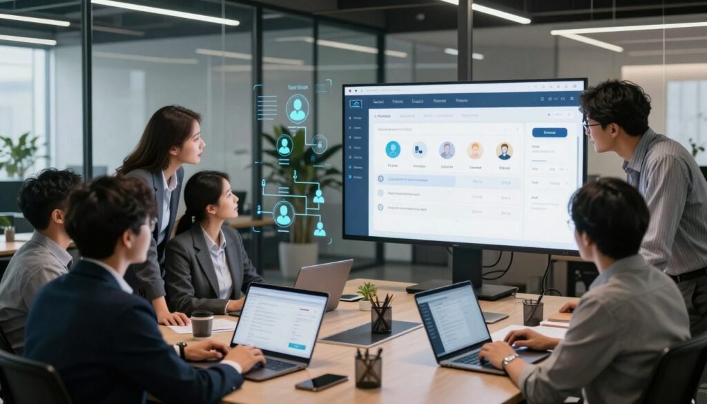 A modern office setting showcasing a diverse team collaboratively managing user roles and team collaboration on a digital platform. In the foreground, a group of professionals in business attire are engaged in a discussion, looking at laptops and a large screen displaying a user interface with role management features. The middle layer includes subtle graphical elements representing different user roles, team icons, and workflow diagrams. The background features a sleek, contemporary office environment with glass panels and plants, creating an atmosphere of productivity and innovation. Soft, natural lighting filters through large windows, and the scene is captured at a slightly elevated angle to emphasize teamwork and technology integration. The mood is dynamic and focused, reflecting advanced user management strategies. A modern office setting showcasing a diverse team collaboratively managing user roles and team collaboration on a digital platform. In the foreground, a group of professionals in business attire are engaged in a discussion, looking at laptops and a large screen displaying a user interface with role management features. The middle layer includes subtle graphical elements representing different user roles, team icons, and workflow diagrams. The background features a sleek, contemporary office environment with glass panels and plants, creating an atmosphere of productivity and innovation. Soft, natural lighting filters through large windows, and the scene is captured at a slightly elevated angle to emphasize teamwork and technology integration. The mood is dynamic and focused, reflecting advanced user management strategies.