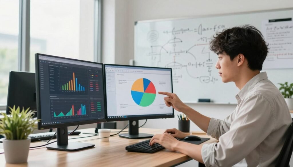 A modern office setting showcasing a sleek computer desk with multiple screens displaying data science graphs and analytics. In the foreground, a young professional in business casual attire, examining a colorful pie chart on one screen, appears engaged and focused. The middle ground features a whiteboard filled with complex formulas and mind maps about data science subscription plans. In the background, large windows let in bright, natural light, creating a warm atmosphere. Potted plants add a touch of greenery to the workspace, enhancing the inviting feel. The overall mood is one of enthusiasm and creativity, reflecting an inspiring environment for learning and exploration in data science. A modern office setting showcasing a sleek computer desk with multiple screens displaying data science graphs and analytics. In the foreground, a young professional in business casual attire, examining a colorful pie chart on one screen, appears engaged and focused. The middle ground features a whiteboard filled with complex formulas and mind maps about data science subscription plans. In the background, large windows let in bright, natural light, creating a warm atmosphere. Potted plants add a touch of greenery to the workspace, enhancing the inviting feel. The overall mood is one of enthusiasm and creativity, reflecting an inspiring environment for learning and exploration in data science.