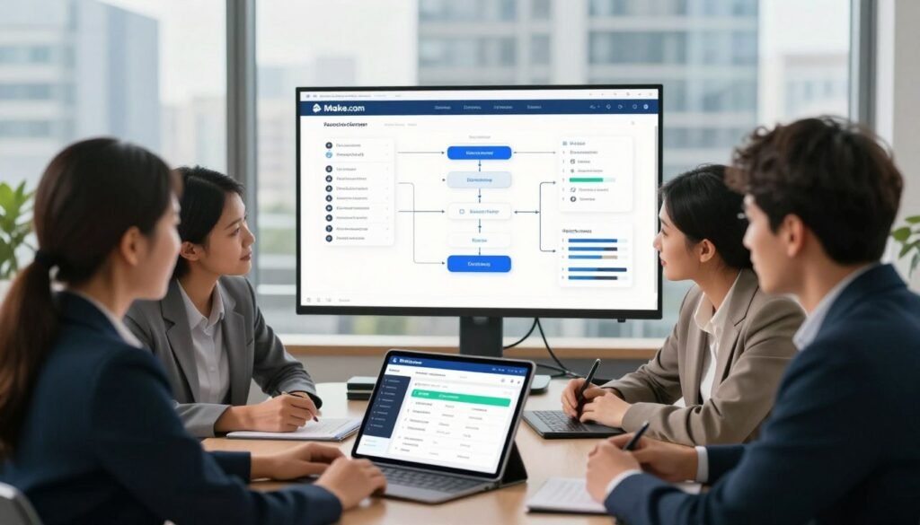 A modern office setting showcasing the benefits of business automation with Make.com. In the foreground, a diverse team of professionals, dressed in smart business attire, is gathered around a sleek digital tablet displaying automation dashboards and workflows. In the middle ground, a large screen illustrates interconnected workflows and productivity charts, emphasizing efficiency and innovation. Behind them, large windows reveal a bright cityscape, reflecting a dynamic and forward-thinking business atmosphere. Soft natural lighting filters in, creating a warm and inviting mood. The scene captures a sense of collaboration and technology-driven success, highlighting the practical advantages of adopting automation tools for business growth. The image should be clear, detailed, and engaging, without any text or overlays. A modern office setting showcasing the benefits of business automation with Make.com. In the foreground, a diverse team of professionals, dressed in smart business attire, is gathered around a sleek digital tablet displaying automation dashboards and workflows. In the middle ground, a large screen illustrates interconnected workflows and productivity charts, emphasizing efficiency and innovation. Behind them, large windows reveal a bright cityscape, reflecting a dynamic and forward-thinking business atmosphere. Soft natural lighting filters in, creating a warm and inviting mood. The scene captures a sense of collaboration and technology-driven success, highlighting the practical advantages of adopting automation tools for business growth. The image should be clear, detailed, and engaging, without any text or overlays.