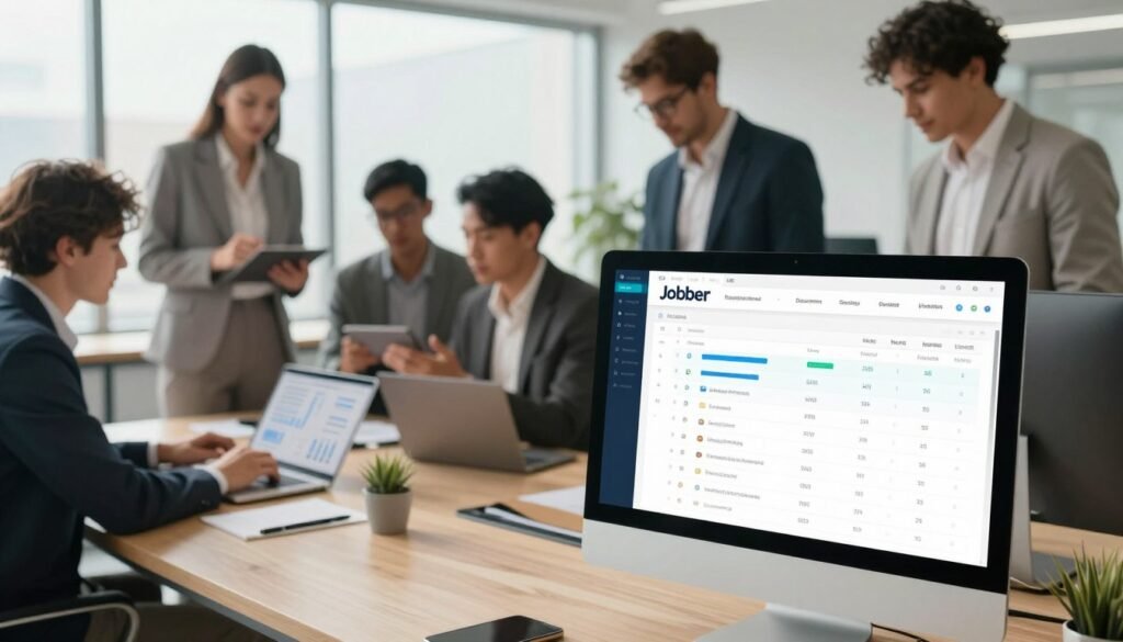 A modern office setting showcasing the key features of Jobber business management software. In the foreground, a sleek computer screen displays an intuitive dashboard with graphs and task lists, symbolizing organization and productivity. In the middle ground, a diverse group of professionals in business attire, engaged in discussions, and analyzing data on tablets and laptops, illustrating collaboration and efficiency. The background features a large window with natural light pouring in, illuminating the workspace and conveying a vibrant, motivating atmosphere. Soft shadows enhance the depth, creating a polished and inviting scene. Overall, the mood is optimistic and dynamic, highlighting the software's role in optimizing business activities. A modern office setting showcasing the key features of Jobber business management software. In the foreground, a sleek computer screen displays an intuitive dashboard with graphs and task lists, symbolizing organization and productivity. In the middle ground, a diverse group of professionals in business attire, engaged in discussions, and analyzing data on tablets and laptops, illustrating collaboration and efficiency. The background features a large window with natural light pouring in, illuminating the workspace and conveying a vibrant, motivating atmosphere. Soft shadows enhance the depth, creating a polished and inviting scene. Overall, the mood is optimistic and dynamic, highlighting the software's role in optimizing business activities.