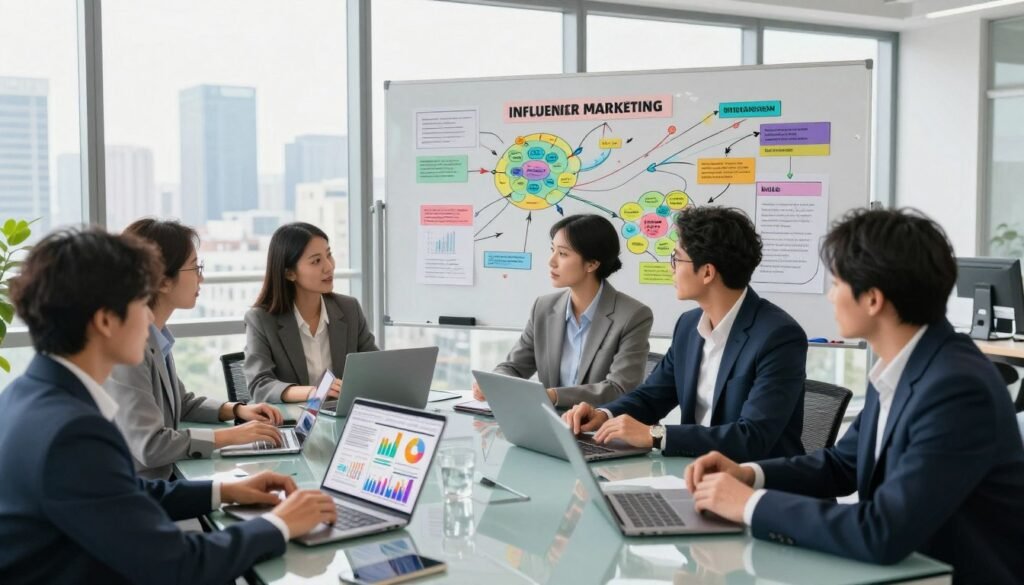 A modern office setting symbolizing content strategies and influencer marketing. In the foreground, a diverse group of professionals in business attire are engaged in a brainstorming session around a sleek glass table, with laptops and digital devices showcasing analytics and creative designs. The middle ground features a large whiteboard filled with colorful mind maps and strategic plans. The background displays large windows with a city skyline view, letting in natural light that creates a bright and energetic atmosphere. The scene conveys collaboration, innovation, and digital marketing with a focus on visual content and strategic communication. The angle is slightly elevated to capture the dynamics of the group and the elements in the office environment. A modern office setting symbolizing content strategies and influencer marketing. In the foreground, a diverse group of professionals in business attire are engaged in a brainstorming session around a sleek glass table, with laptops and digital devices showcasing analytics and creative designs. The middle ground features a large whiteboard filled with colorful mind maps and strategic plans. The background displays large windows with a city skyline view, letting in natural light that creates a bright and energetic atmosphere. The scene conveys collaboration, innovation, and digital marketing with a focus on visual content and strategic communication. The angle is slightly elevated to capture the dynamics of the group and the elements in the office environment.
