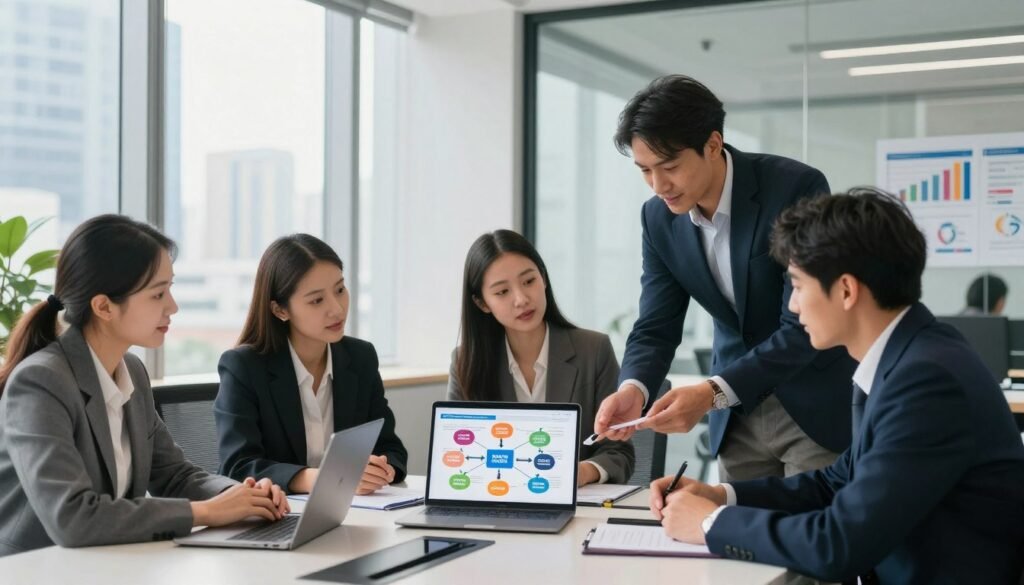 A modern office setting with diverse business professionals engaged in a collaborative discussion about multi-channel marketing strategies. In the foreground, a group of three individuals in professional business attire are gathered around a sleek conference table, analyzing a colorful marketing strategy flowchart on a laptop. The middle ground features glass walls displaying graphs and statistics related to various marketing channels, such as social media, email, and traditional advertising. In the background, a large window reveals a bustling cityscape, symbolizing growth and opportunity. The lighting is bright and inviting, with soft, natural sunlight illuminating the workspace, creating a productive and optimistic atmosphere. The image conveys a sense of teamwork and innovation, ideal for illustrating effective marketing adaptation strategies. A modern office setting with diverse business professionals engaged in a collaborative discussion about multi-channel marketing strategies. In the foreground, a group of three individuals in professional business attire are gathered around a sleek conference table, analyzing a colorful marketing strategy flowchart on a laptop. The middle ground features glass walls displaying graphs and statistics related to various marketing channels, such as social media, email, and traditional advertising. In the background, a large window reveals a bustling cityscape, symbolizing growth and opportunity. The lighting is bright and inviting, with soft, natural sunlight illuminating the workspace, creating a productive and optimistic atmosphere. The image conveys a sense of teamwork and innovation, ideal for illustrating effective marketing adaptation strategies.