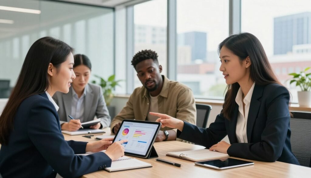 A modern office space featuring a diverse group of three professionals engaged in a dynamic brainstorming session around a sleek conference table. In the foreground, a woman of Asian descent in a smart business suit gestures towards a digital tablet displaying Instagram analytics. Beside her, a Black man in casual business attire takes notes, while a Hispanic woman in a stylish blazer suggests ideas enthusiastically. The background is filled with a large window showing a bustling urban skyline, with bright natural light illuminating the room. The atmosphere is collaborative and innovative, suggesting growth and creativity. Use a warm color palette to enhance a positive mood, capturing the essence of a successful marketing strategy in action. A modern office space featuring a diverse group of three professionals engaged in a dynamic brainstorming session around a sleek conference table. In the foreground, a woman of Asian descent in a smart business suit gestures towards a digital tablet displaying Instagram analytics. Beside her, a Black man in casual business attire takes notes, while a Hispanic woman in a stylish blazer suggests ideas enthusiastically. The background is filled with a large window showing a bustling urban skyline, with bright natural light illuminating the room. The atmosphere is collaborative and innovative, suggesting growth and creativity. Use a warm color palette to enhance a positive mood, capturing the essence of a successful marketing strategy in action.