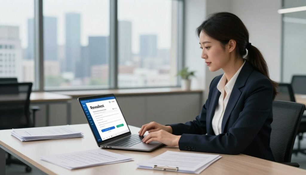 A modern office space featuring a professional woman dressed in smart business attire, sitting at a sleek desk with a laptop open, displaying the Revolut Business application interface. In the background, a large window offers a view of a city skyline, suggesting innovation and progress. An assortment of administrative documents are neatly arranged at her side, emphasizing the theme of account setup and administrative processes. Soft, natural light enters the room, creating a warm and inviting atmosphere. The overall mood reflects professionalism and the excitement of starting a new business journey. The image focuses on the woman in the foreground with a blurred background, illustrating the dynamic environment of a modern business setup. A modern office space featuring a professional woman dressed in smart business attire, sitting at a sleek desk with a laptop open, displaying the Revolut Business application interface. In the background, a large window offers a view of a city skyline, suggesting innovation and progress. An assortment of administrative documents are neatly arranged at her side, emphasizing the theme of account setup and administrative processes. Soft, natural light enters the room, creating a warm and inviting atmosphere. The overall mood reflects professionalism and the excitement of starting a new business journey. The image focuses on the woman in the foreground with a blurred background, illustrating the dynamic environment of a modern business setup.