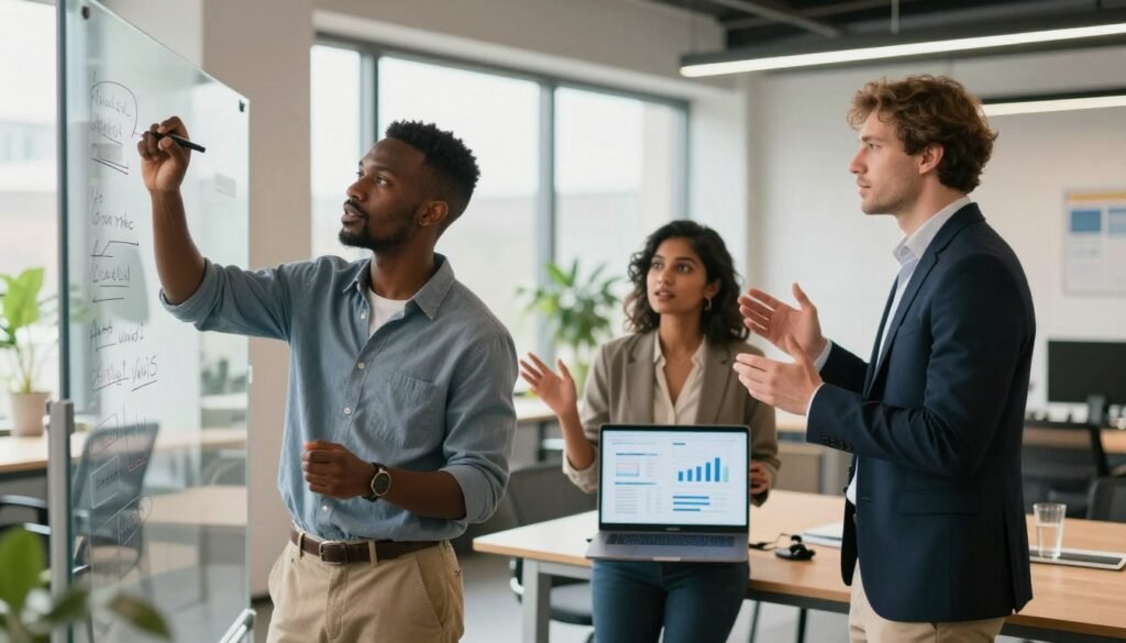 A modern office space infused with innovation, featuring a diverse group of three entrepreneurs engaged in a collaborative brainstorming session. In the foreground, a Black Nigerian male entrepreneur is intently writing ideas on a clear glass whiteboard, dressed in a smart-casual outfit. In the middle, a South Asian female entrepreneur is presenting digital charts on a laptop, showcasing innovative business strategies, while a Caucasian male entrepreneur, dressed in business attire, gestures enthusiastically. The background shows a bright conference room with large windows and plants, allowing ample natural light to illuminate the scene. The atmosphere is dynamic and inspiring, reflecting creativity and entrepreneurial spirit. Use soft lighting to enhance the warmth and professionalism of the setting. A modern office space infused with innovation, featuring a diverse group of three entrepreneurs engaged in a collaborative brainstorming session. In the foreground, a Black Nigerian male entrepreneur is intently writing ideas on a clear glass whiteboard, dressed in a smart-casual outfit. In the middle, a South Asian female entrepreneur is presenting digital charts on a laptop, showcasing innovative business strategies, while a Caucasian male entrepreneur, dressed in business attire, gestures enthusiastically. The background shows a bright conference room with large windows and plants, allowing ample natural light to illuminate the scene. The atmosphere is dynamic and inspiring, reflecting creativity and entrepreneurial spirit. Use soft lighting to enhance the warmth and professionalism of the setting.