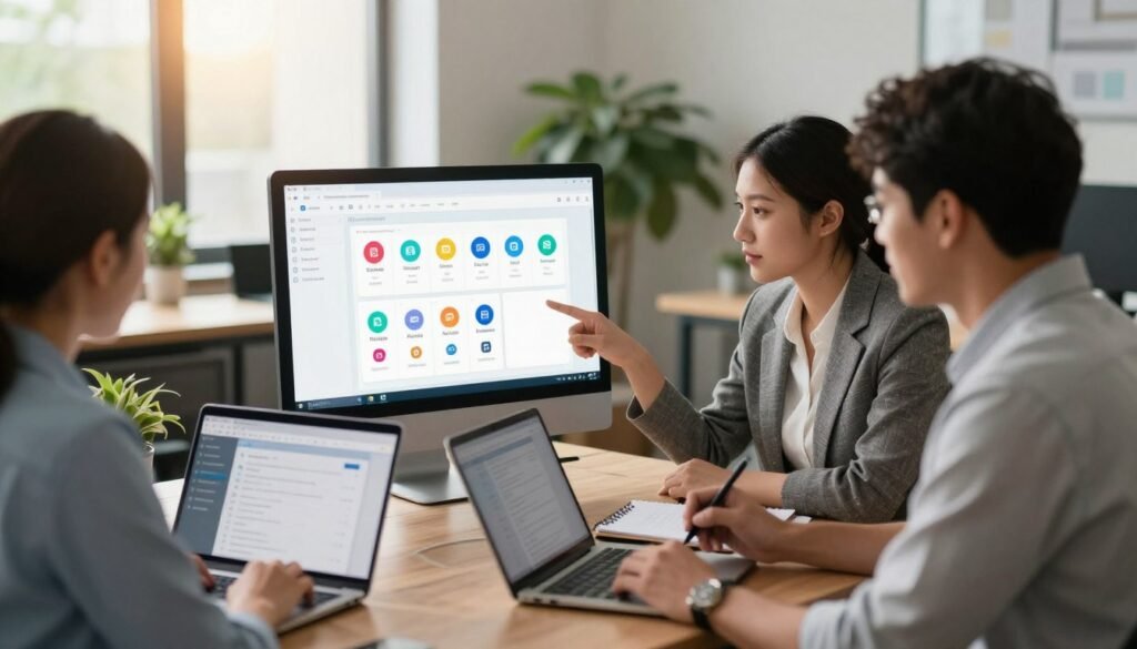 A modern office space showcasing a diverse group of three professionals selecting software versions on their laptops. In the foreground, a well-dressed woman pointing at the screen, while a man in business casual attire takes notes on a notepad. In the middle ground, a large monitor displays the various versions of MindManager, with colorful icons and features highlighted. The background features a window with natural light filtering through, casting a warm glow on a contemporary workspace decorated with plants. The atmosphere is collaborative and focused, emphasizing effective project management. The composition is shot with a slight angle, creating depth and interest, with a soft bokeh effect on the background to enhance the subjects. A modern office space showcasing a diverse group of three professionals selecting software versions on their laptops. In the foreground, a well-dressed woman pointing at the screen, while a man in business casual attire takes notes on a notepad. In the middle ground, a large monitor displays the various versions of MindManager, with colorful icons and features highlighted. The background features a window with natural light filtering through, casting a warm glow on a contemporary workspace decorated with plants. The atmosphere is collaborative and focused, emphasizing effective project management. The composition is shot with a slight angle, creating depth and interest, with a soft bokeh effect on the background to enhance the subjects.