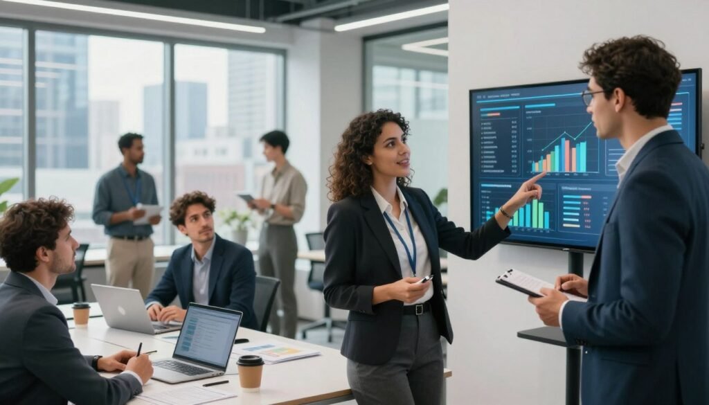 A modern office space with a sleek, innovative design, featuring a diverse group of entrepreneurs in professional business attire. In the foreground, a confident woman gestures towards a digital screen displaying financial graphs and funding options, while a man beside her takes notes. The middle ground showcases a collaborative workspace with brainstorming materials, laptops, and coffee cups, conveying a sense of active discussion. In the background, large windows reveal a bustling city skyline, with soft, natural light streaming in, creating an optimistic atmosphere. The overall mood emphasizes collaboration, innovation, and the dynamic nature of financing solutions for startups. The image should have a clean, professional aesthetic. A modern office space with a sleek, innovative design, featuring a diverse group of entrepreneurs in professional business attire. In the foreground, a confident woman gestures towards a digital screen displaying financial graphs and funding options, while a man beside her takes notes. The middle ground showcases a collaborative workspace with brainstorming materials, laptops, and coffee cups, conveying a sense of active discussion. In the background, large windows reveal a bustling city skyline, with soft, natural light streaming in, creating an optimistic atmosphere. The overall mood emphasizes collaboration, innovation, and the dynamic nature of financing solutions for startups. The image should have a clean, professional aesthetic.