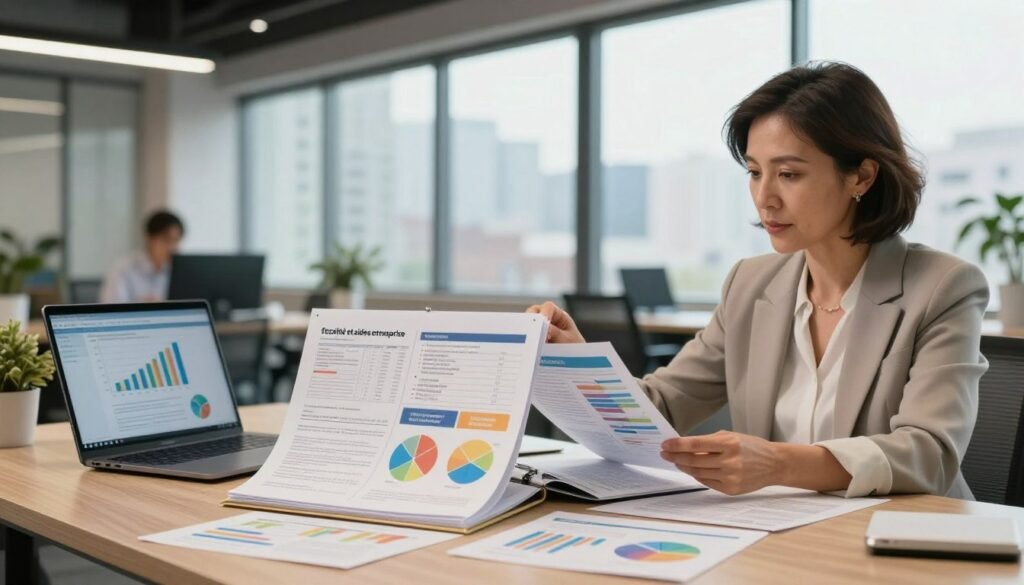 A modern office workspace, filled with colorful charts and documents representing business taxation and financial aid. In the foreground, a focused middle-aged female entrepreneur wearing professional attire examines financial reports on her desk, with a laptop displaying graphs. In the middle, an open binder decorated with various tax forms and brochures about financial assistance flows into view, capturing the essence of "fiscalité et aides entreprise." In the background, large windows let in natural light, showcasing a cityscape that symbolizes growth and opportunity. The atmosphere is professional yet inviting, reflecting an environment where businesses flourish and succeed. Soft lighting enhances the warmth of the space, while a slight depth of field emphasizes the entrepreneur's determination. A modern office workspace, filled with colorful charts and documents representing business taxation and financial aid. In the foreground, a focused middle-aged female entrepreneur wearing professional attire examines financial reports on her desk, with a laptop displaying graphs. In the middle, an open binder decorated with various tax forms and brochures about financial assistance flows into view, capturing the essence of "fiscalité et aides entreprise." In the background, large windows let in natural light, showcasing a cityscape that symbolizes growth and opportunity. The atmosphere is professional yet inviting, reflecting an environment where businesses flourish and succeed. Soft lighting enhances the warmth of the space, while a slight depth of field emphasizes the entrepreneur's determination.