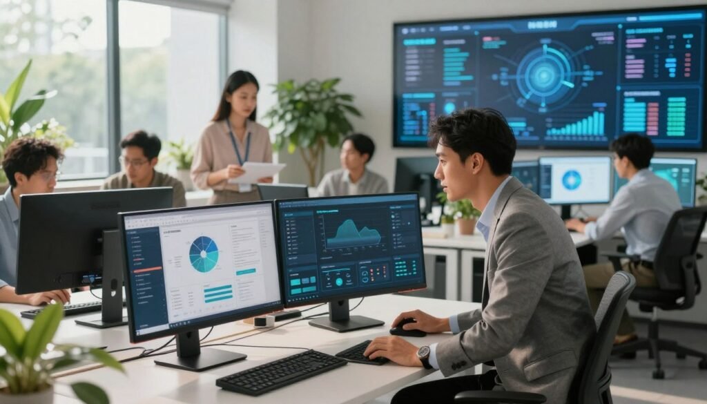 A modern office workspace showcasing seamless integration of technology and environment. In the foreground, a sleek desk with high-tech monitors displaying interconnected software dashboards, symbolizing a fluid development environment. A professional individual, dressed in business attire, leans over the desk, engaged in collaborative work. The middle ground features a diverse team of professionals discussing and interacting with futuristic devices, all surrounded by greenery and natural light streaming through large windows. The background presents a digital display wall filled with data analytics and integration tools, hinting at AI capabilities. The overall atmosphere is one of innovation and teamwork, with a bright and inspiring mood, enhanced by soft, diffused lighting that creates a warm inviting space. A modern office workspace showcasing seamless integration of technology and environment. In the foreground, a sleek desk with high-tech monitors displaying interconnected software dashboards, symbolizing a fluid development environment. A professional individual, dressed in business attire, leans over the desk, engaged in collaborative work. The middle ground features a diverse team of professionals discussing and interacting with futuristic devices, all surrounded by greenery and natural light streaming through large windows. The background presents a digital display wall filled with data analytics and integration tools, hinting at AI capabilities. The overall atmosphere is one of innovation and teamwork, with a bright and inspiring mood, enhanced by soft, diffused lighting that creates a warm inviting space.