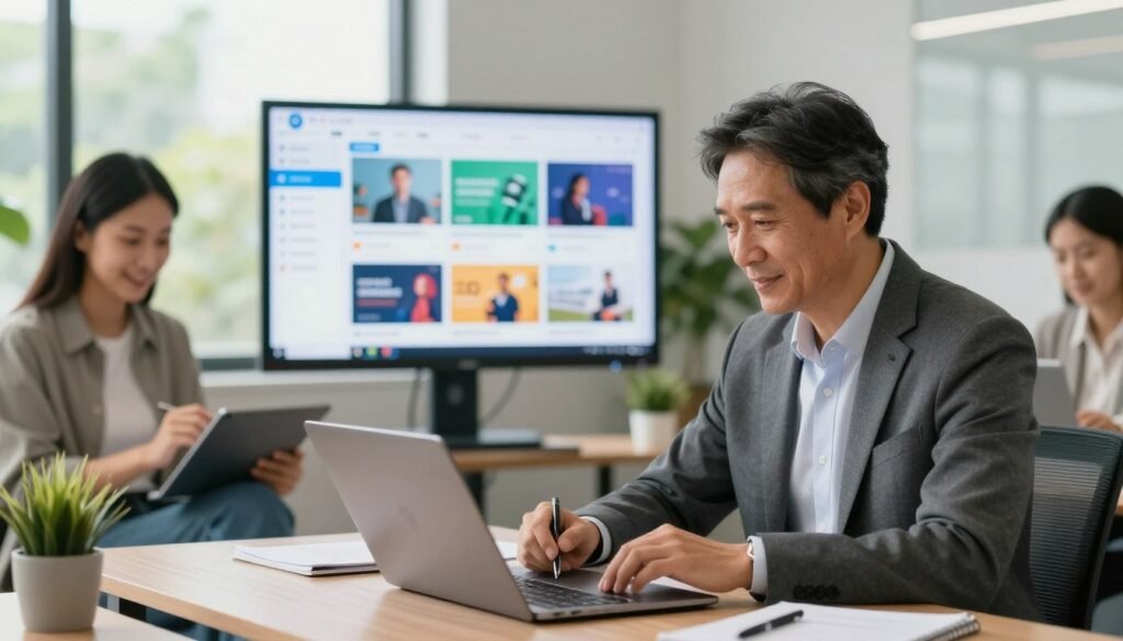 A modern online learning environment depicting a diverse group of professionals engaging with digital devices, embodying the knowledge and growth theme. In the foreground, a middle-aged man in formal attire is focused on a laptop, taking notes. Beside him, a young woman in smart casual clothing smiles while interacting with a tablet. In the middle, a large screen displays a vibrant dashboard of an online course platform, showcasing various subjects available. The background should feature a bright, open office space filled with greenery, soft natural lighting pouring through large windows. Create a motivated atmosphere, reflecting collaboration and excitement for learning. Use a soft focus effect to draw attention to the individuals while keeping the background clear and inviting. A modern online learning environment depicting a diverse group of professionals engaging with digital devices, embodying the knowledge and growth theme. In the foreground, a middle-aged man in formal attire is focused on a laptop, taking notes. Beside him, a young woman in smart casual clothing smiles while interacting with a tablet. In the middle, a large screen displays a vibrant dashboard of an online course platform, showcasing various subjects available. The background should feature a bright, open office space filled with greenery, soft natural lighting pouring through large windows. Create a motivated atmosphere, reflecting collaboration and excitement for learning. Use a soft focus effect to draw attention to the individuals while keeping the background clear and inviting.