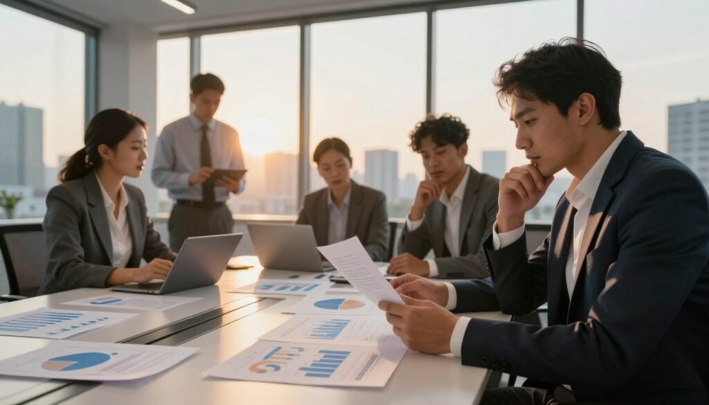 A modern, professional office environment showcasing a diverse group of business people engaged in a strategic discussion about investment opportunities. In the foreground, a focused woman in business attire holds a tablet, while a thoughtful man in a suit examines financial documents. The middle ground features a large conference table with graphs and charts spread out, highlighting partnerships and collaboration. In the background, floor-to-ceiling windows reveal a city skyline during sunset, casting warm golden light across the scene. The mood is collaborative and inspiring, conveying a sense of opportunity and forward-thinking. The angle captures a dynamic perspective, making the viewer feel immersed in the conversation about strategic partnerships. A modern, professional office environment showcasing a diverse group of business people engaged in a strategic discussion about investment opportunities. In the foreground, a focused woman in business attire holds a tablet, while a thoughtful man in a suit examines financial documents. The middle ground features a large conference table with graphs and charts spread out, highlighting partnerships and collaboration. In the background, floor-to-ceiling windows reveal a city skyline during sunset, casting warm golden light across the scene. The mood is collaborative and inspiring, conveying a sense of opportunity and forward-thinking. The angle captures a dynamic perspective, making the viewer feel immersed in the conversation about strategic partnerships.