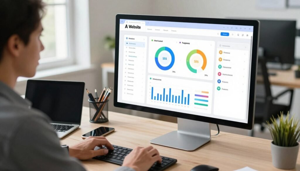 A modern, sleek all-in-one management interface displayed on a large monitor, showcasing a colorful dashboard with various metrics, charts, and tools for website management. In the foreground, a business professional in smart attire is interacting with the interface, looking focused and engaged. The middle layer includes a stylish workstation with a laptop, smartphone, and office supplies neatly organized. The background features a bright, minimalist office environment with large windows letting in natural light, creating a warm and inviting atmosphere. The scene is well-lit with soft, diffused lighting highlighting the screen’s vibrant colors, captured from a slightly elevated angle to emphasize the interface. The overall mood is efficient and innovative, conveying professionalism and simplicity in website management. A modern, sleek all-in-one management interface displayed on a large monitor, showcasing a colorful dashboard with various metrics, charts, and tools for website management. In the foreground, a business professional in smart attire is interacting with the interface, looking focused and engaged. The middle layer includes a stylish workstation with a laptop, smartphone, and office supplies neatly organized. The background features a bright, minimalist office environment with large windows letting in natural light, creating a warm and inviting atmosphere. The scene is well-lit with soft, diffused lighting highlighting the screen’s vibrant colors, captured from a slightly elevated angle to emphasize the interface. The overall mood is efficient and innovative, conveying professionalism and simplicity in website management.