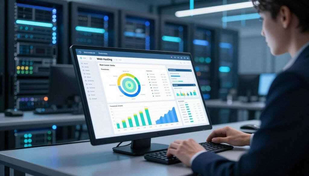 A modern, sleek control panel interface for web hosting services is displayed prominently in the foreground. The panel features vibrant charts and graphs showing user analytics, server status indicators, and resource allocation metrics. The middle ground contains a subtle blurred view of a tech-savvy individual, dressed in a professional business attire, interacting thoughtfully with the interface. In the background, a high-tech server room with glowing LED lights creating an atmosphere of innovation and reliability. Soft, diffused lighting enhances the digital feel of the scene, while a dynamic angle emphasizes the depth of the control panel. The overall mood conveys efficiency, professionalism, and advanced technology, perfect for showcasing web hosting features. A modern, sleek control panel interface for web hosting services is displayed prominently in the foreground. The panel features vibrant charts and graphs showing user analytics, server status indicators, and resource allocation metrics. The middle ground contains a subtle blurred view of a tech-savvy individual, dressed in a professional business attire, interacting thoughtfully with the interface. In the background, a high-tech server room with glowing LED lights creating an atmosphere of innovation and reliability. Soft, diffused lighting enhances the digital feel of the scene, while a dynamic angle emphasizes the depth of the control panel. The overall mood conveys efficiency, professionalism, and advanced technology, perfect for showcasing web hosting features.