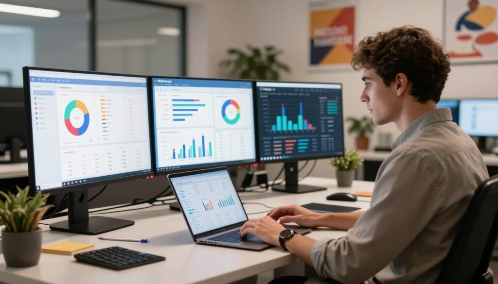 A modern, sleek digital workspace featuring a user interface of Metricool, showcasing various metrics and analytics on vibrant screens. In the foreground, a professional individual in smart casual attire interacts with a laptop, analyzing data with focused expression. The middle ground displays additional monitors with colorful graphs and charts, representing social media engagement and website traffic. The background reveals a well-lit office environment with motivational posters and plants, creating a productive atmosphere. Soft diffused lighting highlights the screens while maintaining a warm overall ambiance. The image captures a sense of ease and efficiency, illustrating a user-friendly experience with Metricool. A modern, sleek digital workspace featuring a user interface of Metricool, showcasing various metrics and analytics on vibrant screens. In the foreground, a professional individual in smart casual attire interacts with a laptop, analyzing data with focused expression. The middle ground displays additional monitors with colorful graphs and charts, representing social media engagement and website traffic. The background reveals a well-lit office environment with motivational posters and plants, creating a productive atmosphere. Soft diffused lighting highlights the screens while maintaining a warm overall ambiance. The image captures a sense of ease and efficiency, illustrating a user-friendly experience with Metricool.