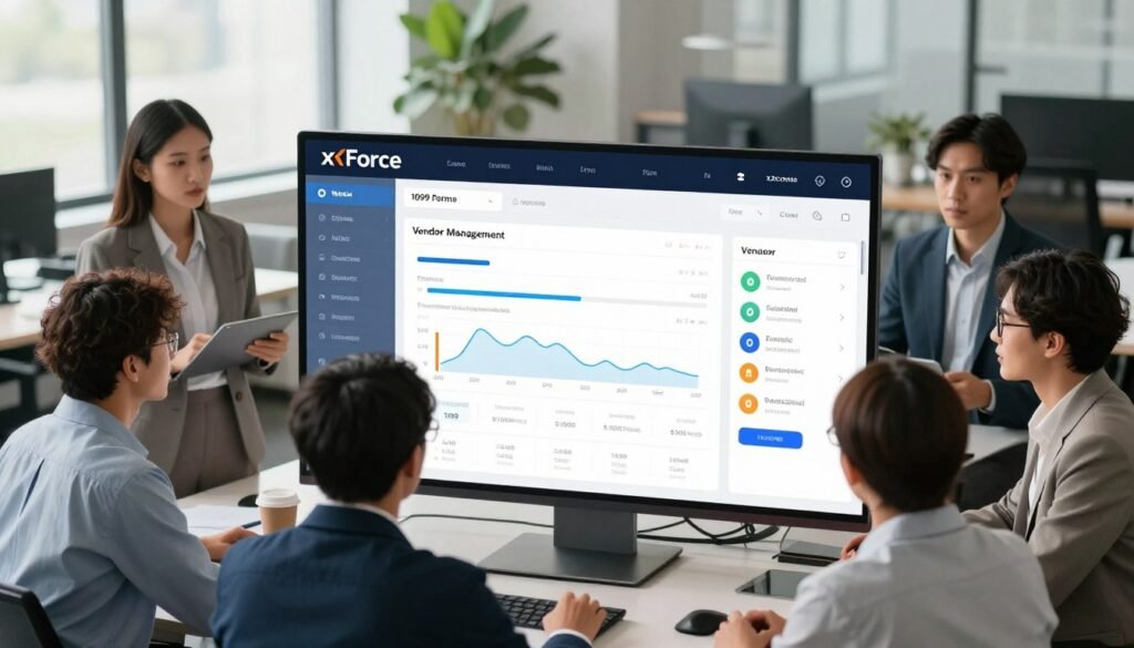 A modern, sleek interface of the "xForce" portal designed for vendor management, displayed on a high-resolution computer screen. In the foreground, a diverse group of professionals in smart business attire engage with the portal, showcasing collaboration. In the middle, the screen features an intuitive dashboard with graphs, charts, and notifications, illustrating data related to 1099 forms and vendor profiles. The background reveals a contemporary office setting with natural light streaming through large windows, lending a vibrant, productive atmosphere. The mood is one of efficiency and professionalism, emphasizing the importance of streamlined vendor management. The scene is captured with a high-angle shot, highlighting the technology at play while maintaining a focus on the engaged users. A modern, sleek interface of the "xForce" portal designed for vendor management, displayed on a high-resolution computer screen. In the foreground, a diverse group of professionals in smart business attire engage with the portal, showcasing collaboration. In the middle, the screen features an intuitive dashboard with graphs, charts, and notifications, illustrating data related to 1099 forms and vendor profiles. The background reveals a contemporary office setting with natural light streaming through large windows, lending a vibrant, productive atmosphere. The mood is one of efficiency and professionalism, emphasizing the importance of streamlined vendor management. The scene is captured with a high-angle shot, highlighting the technology at play while maintaining a focus on the engaged users.