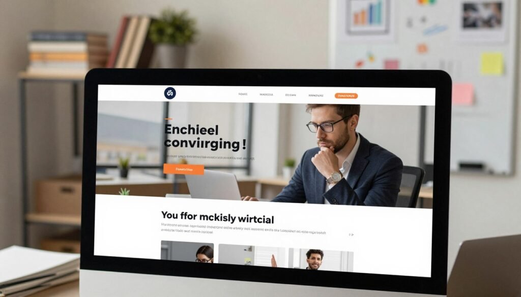 A modern, sleek landing page design focused on effective copywriting techniques. In the foreground, a computer screen displays a visually appealing landing page layout, showcasing engaging headlines and compelling call-to-action buttons. The middle ground features a professional businessperson, dressed in smart attire, analyzing the page with a thoughtful expression. In the background, a creative workspace with soft lighting, books on marketing and design, and a whiteboard filled with brainstorming ideas. The atmosphere conveys inspiration and professionalism, with warm, inviting tones and a depth of field effect that brings attention to the foreground elements. The overall mood should feel innovative and focused on effective content optimization. A modern, sleek landing page design focused on effective copywriting techniques. In the foreground, a computer screen displays a visually appealing landing page layout, showcasing engaging headlines and compelling call-to-action buttons. The middle ground features a professional businessperson, dressed in smart attire, analyzing the page with a thoughtful expression. In the background, a creative workspace with soft lighting, books on marketing and design, and a whiteboard filled with brainstorming ideas. The atmosphere conveys inspiration and professionalism, with warm, inviting tones and a depth of field effect that brings attention to the foreground elements. The overall mood should feel innovative and focused on effective content optimization.