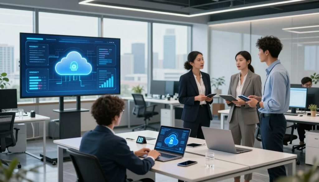 A modern, sleek office environment showcasing cloud hosting features. In the foreground, a diverse group of three professionals—two men and one woman in smart business attire—are engaged in a discussion around a large digital display featuring graphs and cloud infrastructure diagrams, symbolizing flexibility and security in web hosting. In the middle ground, stylish desks are equipped with laptops, tablets, and cloud technology icons, creating a sense of collaboration. The background displays large windows with a city skyline, bathed in soft, natural lighting that enhances a focused yet innovative atmosphere. Use a wide-angle lens to capture the dynamic energy of the workspace, emphasizing technology’s role in modern business solutions while maintaining a clean, professional aesthetic. A modern, sleek office environment showcasing cloud hosting features. In the foreground, a diverse group of three professionals—two men and one woman in smart business attire—are engaged in a discussion around a large digital display featuring graphs and cloud infrastructure diagrams, symbolizing flexibility and security in web hosting. In the middle ground, stylish desks are equipped with laptops, tablets, and cloud technology icons, creating a sense of collaboration. The background displays large windows with a city skyline, bathed in soft, natural lighting that enhances a focused yet innovative atmosphere. Use a wide-angle lens to capture the dynamic energy of the workspace, emphasizing technology’s role in modern business solutions while maintaining a clean, professional aesthetic.