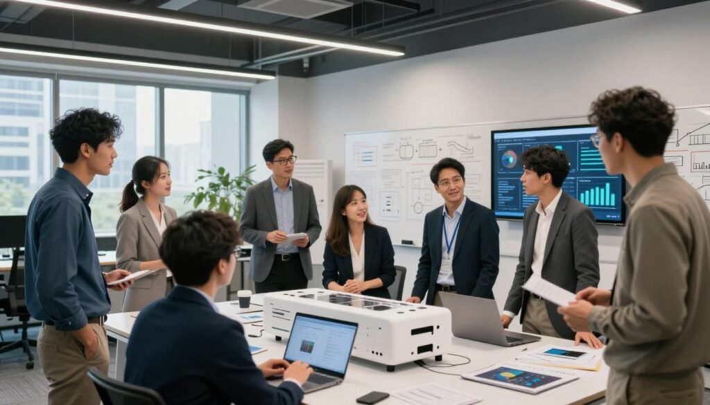 A modern, sleek office interior focused on research and development for startups. In the foreground, a diverse group of professionals in business attire is gathered around a high-tech prototype on a table, engaged in vibrant discussion. The middle ground features whiteboards filled with innovative ideas and diagrams, complemented by digital screens displaying analytical data. In the background, large windows let in natural light, creating an optimistic atmosphere, with a cityscape view. The lighting is soft yet bright, illuminating the scene to enhance a feeling of innovation and collaboration. The angle captures a dynamic perspective, emphasizing teamwork and creativity in the pursuit of growth and innovation. A modern, sleek office interior focused on research and development for startups. In the foreground, a diverse group of professionals in business attire is gathered around a high-tech prototype on a table, engaged in vibrant discussion. The middle ground features whiteboards filled with innovative ideas and diagrams, complemented by digital screens displaying analytical data. In the background, large windows let in natural light, creating an optimistic atmosphere, with a cityscape view. The lighting is soft yet bright, illuminating the scene to enhance a feeling of innovation and collaboration. The angle captures a dynamic perspective, emphasizing teamwork and creativity in the pursuit of growth and innovation.