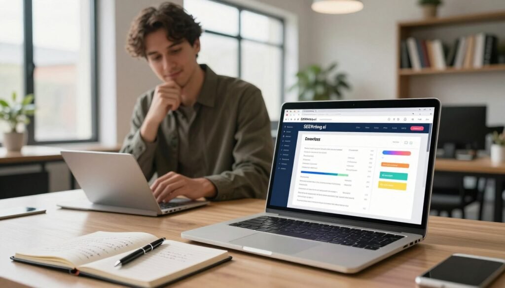 A modern, sleek office setting filled with natural light filtering through large windows. In the foreground, an open laptop displaying the SEOWriting.ai interface, with colorful visual stats and analytics popping up on the screen. Beside the laptop, a notepad filled with handwritten notes and a pen resting on it, conveying an active testing process. In the middle ground, a confident professional in smart casual attire examines the screen with a thoughtful expression, representing the user experience. The background features stylish office décor, a potted plant, and bookshelves filled with SEO-related literature, creating an atmosphere of productivity and innovation. The overall mood is focused and optimistic, with soft, warm lighting enhancing the professional vibe. No text or logos are visible in the image. A modern, sleek office setting filled with natural light filtering through large windows. In the foreground, an open laptop displaying the SEOWriting.ai interface, with colorful visual stats and analytics popping up on the screen. Beside the laptop, a notepad filled with handwritten notes and a pen resting on it, conveying an active testing process. In the middle ground, a confident professional in smart casual attire examines the screen with a thoughtful expression, representing the user experience. The background features stylish office décor, a potted plant, and bookshelves filled with SEO-related literature, creating an atmosphere of productivity and innovation. The overall mood is focused and optimistic, with soft, warm lighting enhancing the professional vibe. No text or logos are visible in the image.