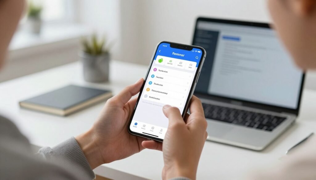 A modern smartphone displaying a vibrant and user-friendly task management application interface on its screen, with features like to-do lists, reminders, and organizing tools prominently visible. The foreground includes the smartphone held by a professional individual in smart casual attire, carefully interacting with the screen, showcasing a sense of productivity. In the middle ground, a sleek, contemporary workspace with a desk and laptop, emphasizing a well-organized environment. The background illustrates a bright and inviting office setting with soft natural lighting, creating a warm and motivating atmosphere. The image should convey a sense of efficiency, clarity, and modern technology, highlighting the optimized mobile experience for Android users. A modern smartphone displaying a vibrant and user-friendly task management application interface on its screen, with features like to-do lists, reminders, and organizing tools prominently visible. The foreground includes the smartphone held by a professional individual in smart casual attire, carefully interacting with the screen, showcasing a sense of productivity. In the middle ground, a sleek, contemporary workspace with a desk and laptop, emphasizing a well-organized environment. The background illustrates a bright and inviting office setting with soft natural lighting, creating a warm and motivating atmosphere. The image should convey a sense of efficiency, clarity, and modern technology, highlighting the optimized mobile experience for Android users.