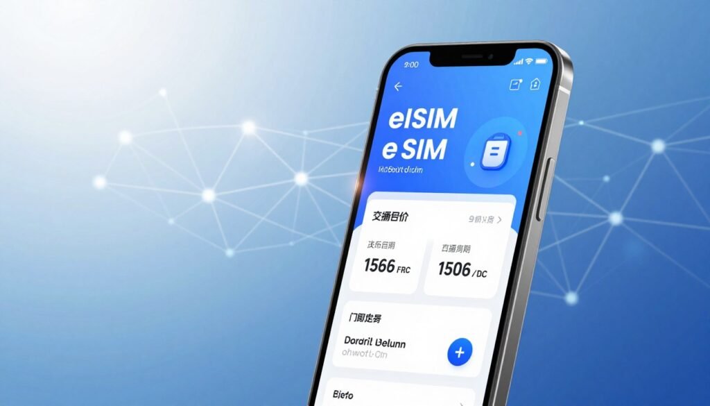 A modern smartphone displaying an eSIM interface in the foreground, with vibrant graphics illustrating different mobile plans, pricing tiers, and connectivity options. In the middle ground, an abstract digital network background featuring interconnected lines and nodes, symbolizing modern technology and flexibility. The background fades into a soft blue gradient, evoking a sense of tranquility and reliability. Bright, natural lighting enhances the sleek look of the phone, with a slight lens flare to add a touch of innovation. The composition conveys a professional atmosphere, aimed at tech-savvy users looking for mobile solutions in 2024. No text or branding elements are present, focusing purely on the visual representation of eSIM tariffs and plans. A modern smartphone displaying an eSIM interface in the foreground, with vibrant graphics illustrating different mobile plans, pricing tiers, and connectivity options. In the middle ground, an abstract digital network background featuring interconnected lines and nodes, symbolizing modern technology and flexibility. The background fades into a soft blue gradient, evoking a sense of tranquility and reliability. Bright, natural lighting enhances the sleek look of the phone, with a slight lens flare to add a touch of innovation. The composition conveys a professional atmosphere, aimed at tech-savvy users looking for mobile solutions in 2024. No text or branding elements are present, focusing purely on the visual representation of eSIM tariffs and plans.