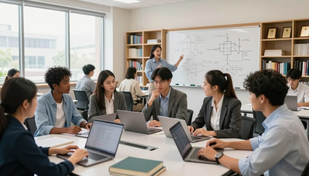 A modern university classroom filled with diverse students engaged in learning, showcasing academic programs in engineering. In the foreground, a group of students of various ethnicities, dressed in professional business attire, collaborate around a table laden with laptops and technical books. The middle ground features a large whiteboard filled with complex engineering diagrams and a lecturer addressing the class with enthusiasm. The background reveals large windows allowing natural light to flood the room, illuminating shelves filled with engineering resources and awards. The atmosphere is vibrant and focused, reflecting a spirit of innovation and academic excellence. The image should convey a sense of community and dedication to learning, captured at a slight upward angle to create a dynamic perspective, with soft, inviting lighting. A modern university classroom filled with diverse students engaged in learning, showcasing academic programs in engineering. In the foreground, a group of students of various ethnicities, dressed in professional business attire, collaborate around a table laden with laptops and technical books. The middle ground features a large whiteboard filled with complex engineering diagrams and a lecturer addressing the class with enthusiasm. The background reveals large windows allowing natural light to flood the room, illuminating shelves filled with engineering resources and awards. The atmosphere is vibrant and focused, reflecting a spirit of innovation and academic excellence. The image should convey a sense of community and dedication to learning, captured at a slight upward angle to create a dynamic perspective, with soft, inviting lighting.