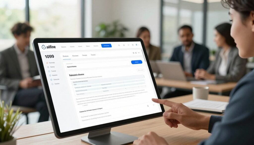 A modern, user-friendly e-filing platform interface shown prominently in the foreground, featuring a sleek dashboard displaying various tax forms, including the 1099 form. In the middle ground, include a diverse group of professional individuals in business attire engaged in collaborative discussions, highlighted by a warm, inviting light that conveys teamwork and efficiency. The background should feature a bright, open office space with large windows, natural light streaming in, and greenery visible outside, creating an uplifting atmosphere. The overall mood is focused and productive, emphasizing a sense of innovation and simplicity in managing tax compliance. Use a slightly elevated angle for a more dynamic view, showcasing the interface and user interactions effectively. A modern, user-friendly e-filing platform interface shown prominently in the foreground, featuring a sleek dashboard displaying various tax forms, including the 1099 form. In the middle ground, include a diverse group of professional individuals in business attire engaged in collaborative discussions, highlighted by a warm, inviting light that conveys teamwork and efficiency. The background should feature a bright, open office space with large windows, natural light streaming in, and greenery visible outside, creating an uplifting atmosphere. The overall mood is focused and productive, emphasizing a sense of innovation and simplicity in managing tax compliance. Use a slightly elevated angle for a more dynamic view, showcasing the interface and user interactions effectively.