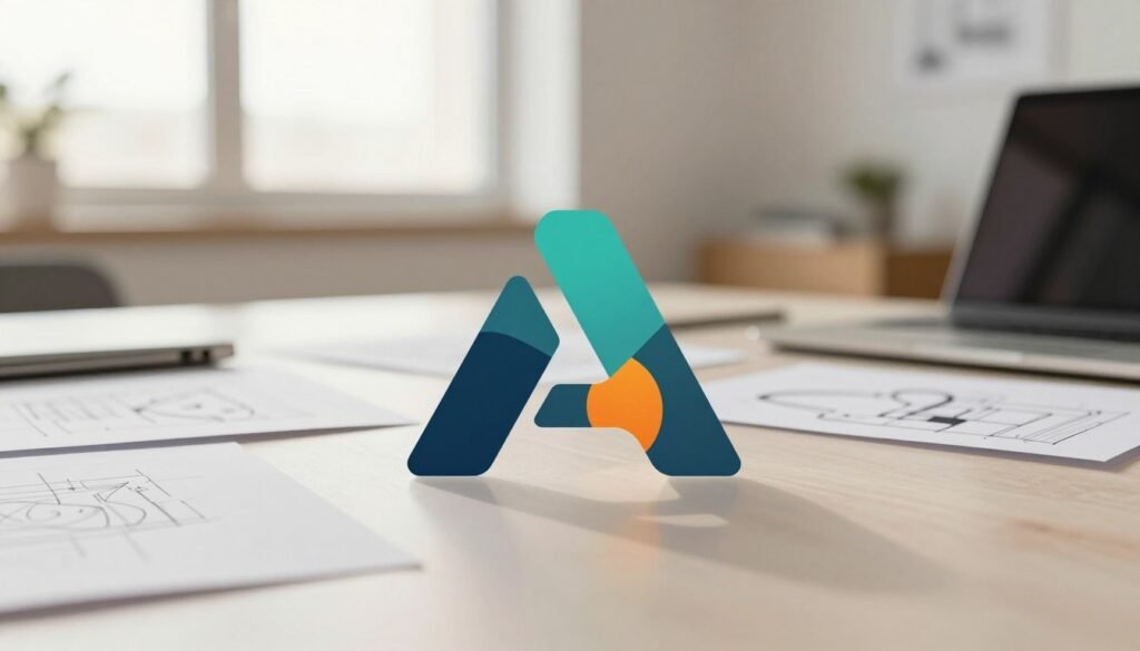 A modern, versatile logo design displayed prominently in the foreground, featuring a sleek and innovative shape that symbolizes creativity and professionalism. The logo should combine geometric elements with a dynamic color scheme, balancing bright and muted tones to convey adaptability. In the middle ground, a simple workspace can be seen, with a clean desk and design sketches, suggesting the creative process behind the logo. The background features a soft, blurred office setting with warm, natural light streaming through large windows, creating an inviting atmosphere. The overall mood should be inspiring and sophisticated, emphasizing the importance of a memorable logo in building a strong visual identity. Use a high-resolution perspective to highlight the logo's details and colors. A modern, versatile logo design displayed prominently in the foreground, featuring a sleek and innovative shape that symbolizes creativity and professionalism. The logo should combine geometric elements with a dynamic color scheme, balancing bright and muted tones to convey adaptability. In the middle ground, a simple workspace can be seen, with a clean desk and design sketches, suggesting the creative process behind the logo. The background features a soft, blurred office setting with warm, natural light streaming through large windows, creating an inviting atmosphere. The overall mood should be inspiring and sophisticated, emphasizing the importance of a memorable logo in building a strong visual identity. Use a high-resolution perspective to highlight the logo's details and colors.