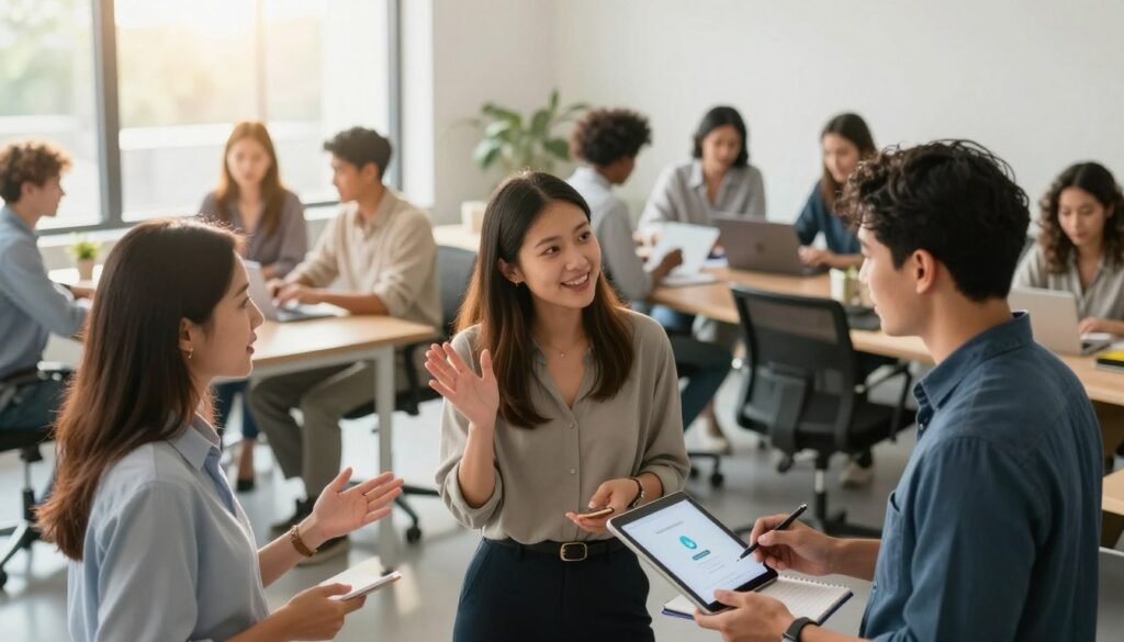 A modern, vibrant office environment filled with diverse professionals engaged in discussion and collaboration. In the foreground, a group of three individuals, two women and one man, all dressed in smart casual attire, are enthusiastically sharing their experiences with the Vendoo platform. One woman gestures animatedly, while the man takes notes on a digital tablet. In the middle ground, a larger group of people, working on laptops, showcases a collaborative spirit. The background features a large window with natural light streaming in, casting a warm glow over the scene. The atmosphere is optimistic and engaging, emphasizing trust and community among the Vendoo users. Use a soft focus for the background to highlight the foreground characters, capturing a bright and inviting atmosphere. A modern, vibrant office environment filled with diverse professionals engaged in discussion and collaboration. In the foreground, a group of three individuals, two women and one man, all dressed in smart casual attire, are enthusiastically sharing their experiences with the Vendoo platform. One woman gestures animatedly, while the man takes notes on a digital tablet. In the middle ground, a larger group of people, working on laptops, showcases a collaborative spirit. The background features a large window with natural light streaming in, casting a warm glow over the scene. The atmosphere is optimistic and engaging, emphasizing trust and community among the Vendoo users. Use a soft focus for the background to highlight the foreground characters, capturing a bright and inviting atmosphere.