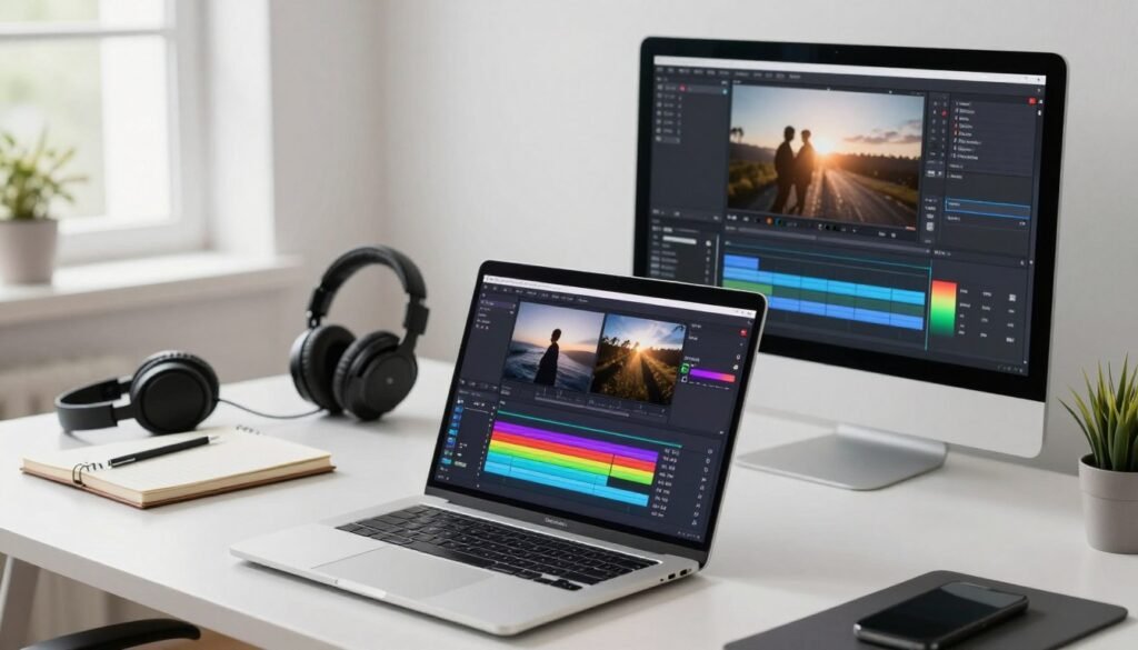 A modern video editing workspace featuring advanced video editing tools in action. In the foreground, a sleek laptop displays a vibrant interface with colorful timelines, clips, and effects. The middle ground includes a well-organized desk with a professional notebook, high-quality headphones, and an external monitor showing a video being edited that highlights features like transitions and color grading. The background reveals a clean, minimalist office with soft natural lighting streaming through a window, creating a bright and inspiring atmosphere. The mood is focused and dynamic, emphasizing creativity and efficiency in video production. All elements are arranged harmoniously to reflect powerful video editing capabilities, without any text or distractions. A modern video editing workspace featuring advanced video editing tools in action. In the foreground, a sleek laptop displays a vibrant interface with colorful timelines, clips, and effects. The middle ground includes a well-organized desk with a professional notebook, high-quality headphones, and an external monitor showing a video being edited that highlights features like transitions and color grading. The background reveals a clean, minimalist office with soft natural lighting streaming through a window, creating a bright and inspiring atmosphere. The mood is focused and dynamic, emphasizing creativity and efficiency in video production. All elements are arranged harmoniously to reflect powerful video editing capabilities, without any text or distractions.