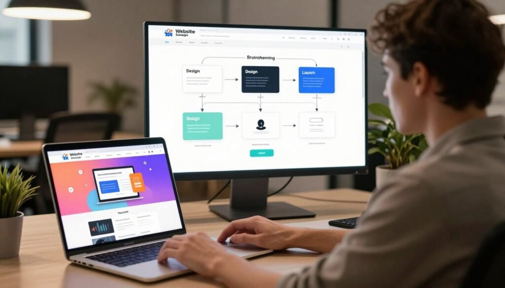 A modern web design workspace showcasing the intuitive process of creating a website. In the foreground, a professional-looking individual, dressed in smart casual attire, attentively interacting with a laptop displaying a vibrant website interface. In the middle ground, a large screen shows a step-by-step flowchart illustrating different stages of website creation, including brainstorming, design, and launch. The background features a sleek office environment with soft ambient lighting and plants, creating a calm and productive atmosphere. The composition should have a warm color palette to evoke a sense of innovation and creativity, captured from a slightly elevated angle to provide a comprehensive view of the scene. A modern web design workspace showcasing the intuitive process of creating a website. In the foreground, a professional-looking individual, dressed in smart casual attire, attentively interacting with a laptop displaying a vibrant website interface. In the middle ground, a large screen shows a step-by-step flowchart illustrating different stages of website creation, including brainstorming, design, and launch. The background features a sleek office environment with soft ambient lighting and plants, creating a calm and productive atmosphere. The composition should have a warm color palette to evoke a sense of innovation and creativity, captured from a slightly elevated angle to provide a comprehensive view of the scene.