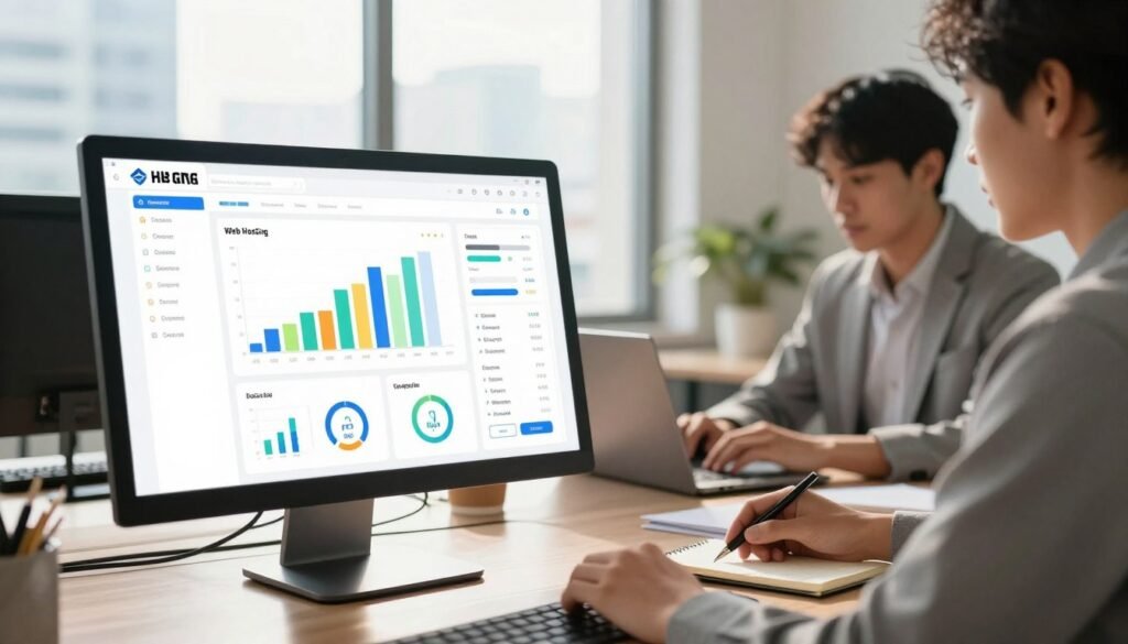 A modern web hosting administration interface displayed on a sleek computer monitor in a bright, airy office environment. In the foreground, the monitor showcases a clean, user-friendly dashboard with vibrant graphs, data metrics, and intuitive navigation menus, emphasizing usability and design. The middle ground features a professional individual in business attire, focused on the screen, using a laptop with a notebook and pen nearby, reflecting a productive working atmosphere. In the background, large windows offer natural light and a view of a city skyline, adding depth and context, while soft shadows create a comfortable, inviting ambiance. The lighting is warm and inviting, highlighting the ergonomic design of the workspace. The scene embodies focus, efficiency, and clarity. A modern web hosting administration interface displayed on a sleek computer monitor in a bright, airy office environment. In the foreground, the monitor showcases a clean, user-friendly dashboard with vibrant graphs, data metrics, and intuitive navigation menus, emphasizing usability and design. The middle ground features a professional individual in business attire, focused on the screen, using a laptop with a notebook and pen nearby, reflecting a productive working atmosphere. In the background, large windows offer natural light and a view of a city skyline, adding depth and context, while soft shadows create a comfortable, inviting ambiance. The lighting is warm and inviting, highlighting the ergonomic design of the workspace. The scene embodies focus, efficiency, and clarity.