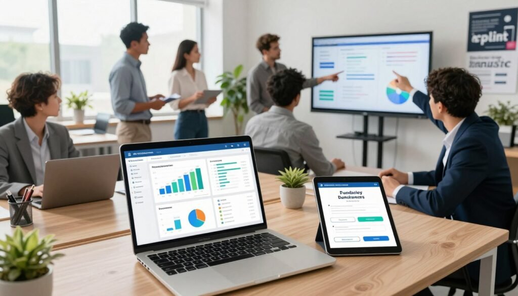 A modern workspace featuring a complete suite of fundraising tools on one platform. In the foreground, a sleek laptop showcasing an interactive fundraising dashboard filled with vibrant charts and statistics. Beside it, a tablet displays a user-friendly mobile app for donors. In the middle, a diverse group of professionals in business attire collaboratively discussing strategies, with one pointing to a digital presentation on a large screen filled with fundraising goals. In the background, a bright and airy office with large windows letting in natural light, plants, and motivational posters. The atmosphere is dynamic, innovative, and encouraging, reflecting teamwork and efficiency in fundraising efforts. The scene is shot from a slightly elevated angle, perfect for capturing all elements. A modern workspace featuring a complete suite of fundraising tools on one platform. In the foreground, a sleek laptop showcasing an interactive fundraising dashboard filled with vibrant charts and statistics. Beside it, a tablet displays a user-friendly mobile app for donors. In the middle, a diverse group of professionals in business attire collaboratively discussing strategies, with one pointing to a digital presentation on a large screen filled with fundraising goals. In the background, a bright and airy office with large windows letting in natural light, plants, and motivational posters. The atmosphere is dynamic, innovative, and encouraging, reflecting teamwork and efficiency in fundraising efforts. The scene is shot from a slightly elevated angle, perfect for capturing all elements.