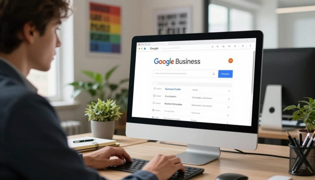 A modern workspace featuring a computer screen displaying a Google Business Profile setup interface. In the foreground, a professional individual, dressed in smart business attire, is focused on optimizing their business listing. The middle layer includes office elements such as a notepad and pen, emphasizing a meticulous approach to the task. The background showcases a well-lit office environment with motivational posters and greenery, creating a productive atmosphere. Soft, natural light filters in from a window, highlighting the focused expression of the individual. The overall mood is one of determination and professionalism, inspiring viewers to enhance their Google visibility. A modern workspace featuring a computer screen displaying a Google Business Profile setup interface. In the foreground, a professional individual, dressed in smart business attire, is focused on optimizing their business listing. The middle layer includes office elements such as a notepad and pen, emphasizing a meticulous approach to the task. The background showcases a well-lit office environment with motivational posters and greenery, creating a productive atmosphere. Soft, natural light filters in from a window, highlighting the focused expression of the individual. The overall mood is one of determination and professionalism, inspiring viewers to enhance their Google visibility.