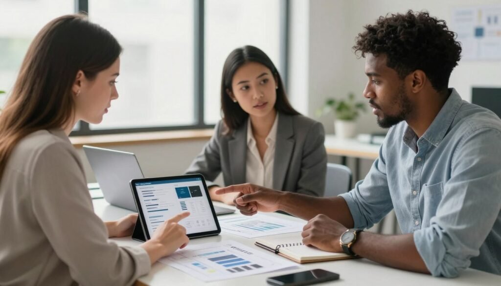 A modern workspace featuring a diverse group of three professionals analyzing the advantages and limitations of the design tool Envato Placeit. In the foreground, a Caucasian woman in smart business attire is pointing to a digital tablet displaying design templates, while a Black man in a casual button-up shirt takes notes. A Hispanic woman in a business blazer is engaging in discussion. The middle ground includes a sleek desk cluttered with design sketches and a laptop. The background features a large window with soft natural light streaming in, creating an inspiring atmosphere. The overall mood is collaborative and analytical, evoking creativity and focus in a well-organized environment. A modern workspace featuring a diverse group of three professionals analyzing the advantages and limitations of the design tool Envato Placeit. In the foreground, a Caucasian woman in smart business attire is pointing to a digital tablet displaying design templates, while a Black man in a casual button-up shirt takes notes. A Hispanic woman in a business blazer is engaging in discussion. The middle ground includes a sleek desk cluttered with design sketches and a laptop. The background features a large window with soft natural light streaming in, creating an inspiring atmosphere. The overall mood is collaborative and analytical, evoking creativity and focus in a well-organized environment.