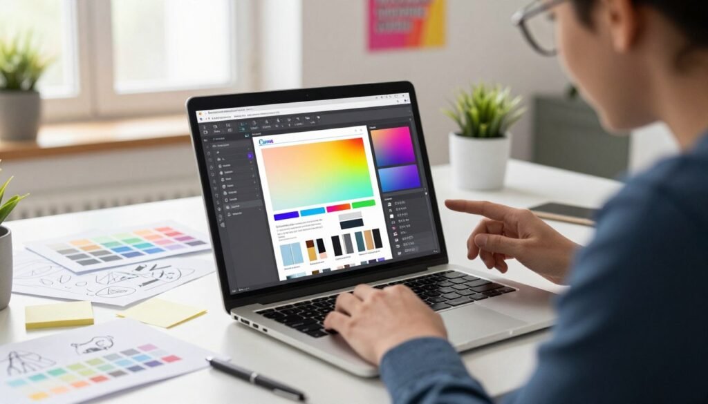 A modern workspace featuring a laptop displaying the Canva interface, filled with vibrant design elements. In the foreground, a skilled professional, dressed in smart casual attire, thoughtfully reviewing design options on the screen. The middle layer includes a variety of design tools and color palettes, with post-it notes and sketches scattered around the desk. In the background, soft natural light pours in from a nearby window, illuminating a plant and motivational posters. The atmosphere is creative and inspiring, evoking productivity and innovation. The camera angle captures a close-up of the laptop screen, focusing on the active design work, while ensuring a clear view of the workspace ambiance and tools. A modern workspace featuring a laptop displaying the Canva interface, filled with vibrant design elements. In the foreground, a skilled professional, dressed in smart casual attire, thoughtfully reviewing design options on the screen. The middle layer includes a variety of design tools and color palettes, with post-it notes and sketches scattered around the desk. In the background, soft natural light pours in from a nearby window, illuminating a plant and motivational posters. The atmosphere is creative and inspiring, evoking productivity and innovation. The camera angle captures a close-up of the laptop screen, focusing on the active design work, while ensuring a clear view of the workspace ambiance and tools.