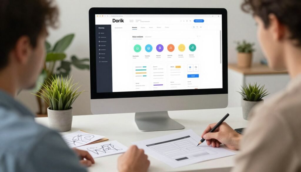 A modern workspace featuring a sleek computer setup displaying the Dorik website builder interface on the screen. In the foreground, a professional individual in smart casual attire thoughtfully plans website creation on paper, surrounded by design sketches and notes. The middle layer showcases a large digital monitor showcasing various steps of building a website with AI tools, with colorful icons representing design elements, layouts, and customization. The background includes soft-focused elements such as indoor plants and minimalist decor that contribute to a creative atmosphere. Warm, natural lighting floods the space, creating a welcoming and productive ambiance, with a slight lens blur to emphasize the foreground elements, capturing the essence of innovation in web development. A modern workspace featuring a sleek computer setup displaying the Dorik website builder interface on the screen. In the foreground, a professional individual in smart casual attire thoughtfully plans website creation on paper, surrounded by design sketches and notes. The middle layer showcases a large digital monitor showcasing various steps of building a website with AI tools, with colorful icons representing design elements, layouts, and customization. The background includes soft-focused elements such as indoor plants and minimalist decor that contribute to a creative atmosphere. Warm, natural lighting floods the space, creating a welcoming and productive ambiance, with a slight lens blur to emphasize the foreground elements, capturing the essence of innovation in web development.